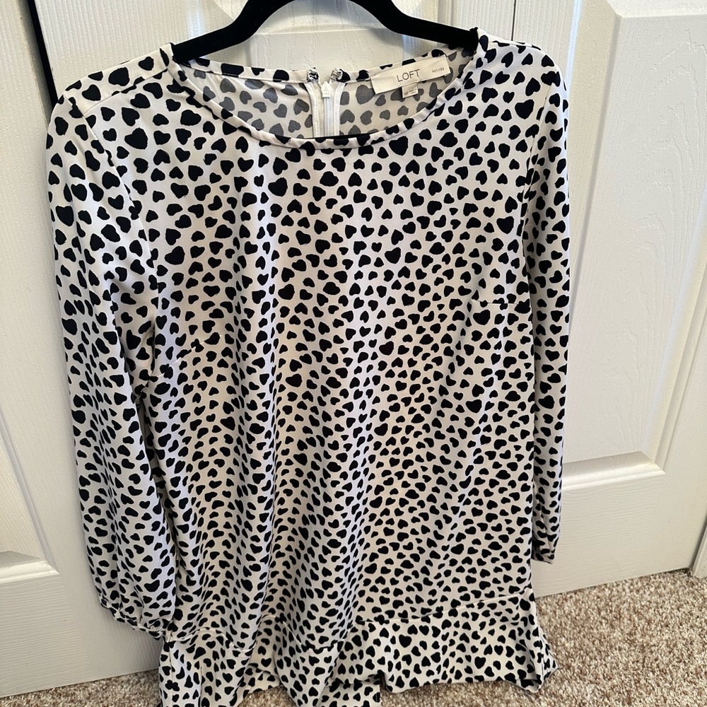 Womens Loft white with black hearts dress with ruffle at bottom. Long sleeves.